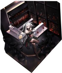 Rule 34 | 1girl, artist request, azur lane, bar (place), bar stool, bare shoulders, black dress, black footwear, black gloves, bottle, breasts, chair, cleavage, counter, cup, dress, drinking glass, elbow gloves, flower, gloves, hand up, high heels, highres, knee up, leaning back, leaning on object, long hair, looking at viewer, maid headdress, manjuu (azur lane), medium breasts, mole, mole on breast, multicolored hair, official alternate costume, official art, patent heels, petals, prinz eugen (azur lane), prinz eugen (kindred evening spirits) (azur lane), pumps, red eyes, red flower, red rose, rose, rose petals, see-through, see-through dress, shoes, short dress, solo, standing, standing on one leg, stiletto heels, stool, streaked hair, thighhighs, transparent background, two-tone hair, white hair, wine bottle, wine glass