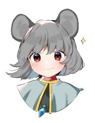 Rule 34 | 1girl, akagashi hagane, animal ears, black shirt, blue capelet, capelet, closed mouth, cropped torso, eyebrows hidden by hair, grey hair, jewelry, looking at viewer, mouse ears, nazrin, pendant, portrait, red eyes, shirt, short hair, simple background, smile, solo, sparkle, touhou, white background