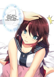 Rule 34 | 10s, 1boy, 1girl, admiral (kancolle), bed sheet, blue eyes, blush, braid, breasts, brown hair, cleavage, collarbone, english text, eyes visible through hair, headpat, highres, kantai collection, kneeling, large breasts, leaning forward, long hair, looking at viewer, looking up, noshiro (kancolle), open mouth, pillow, pleated skirt, red skirt, sailor collar, sheita, skirt, twin braids