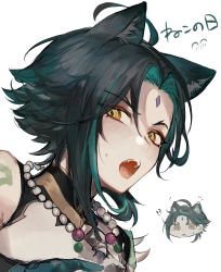 Rule 34 | !?, 1boy, ahoge, animal ears, arm tattoo, bead necklace, beads, black hair, cat day, cat ears, eyeshadow, facial mark, fangs, forehead mark, genshin impact, gloves, green hair, highres, jewelry, makeup, male focus, multicolored hair, multiple views, necklace, open mouth, orange eyes, red eyeshadow, simple background, sketch, sweat, tattoo, upper body, white background, xiao (genshin impact), zaso