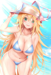 Rule 34 | 1girl, absurdres, adjusting clothes, adjusting headwear, alternate costume, bare shoulders, beach, bikini, blonde hair, blue bikini, blue hat, blush, blush stickers, breasts, calcio, cleavage, collarbone, commentary, curvy, dark magician girl, duel monster, green eyes, hair between eyes, hat, highres, large breasts, leaning forward, long hair, looking at viewer, navel, ocean, open mouth, pelvic curtain, skindentation, smile, solo, stomach, string bikini, swimsuit, thick thighs, thighs, thong bikini, wet, yu-gi-oh!