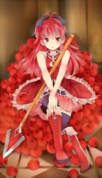 Rule 34 | 10s, apple, bad id, bad pixiv id, boots, bow, food, fruit, gyoe, hair bow, knee boots, long hair, mahou shoujo madoka magica, mahou shoujo madoka magica (anime), polearm, red eyes, red hair, sakura kyoko, solo, spear, thighhighs, weapon