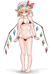 Rule 34 | 1girl, absurdres, bare shoulders, bikini, blush, bow, breasts, brown eyes, cleft of venus, closed mouth, collarbone, crystal, flandre scarlet, full body, hair between eyes, hat, hat bow, hat ribbon, head tilt, highres, looking at viewer, micro bikini, mob cap, multicolored wings, navel, nose blush, pointy ears, red bow, red ribbon, ribbon, ribbon-trimmed headwear, ribbon trim, simple background, small breasts, solo, standing, swimsuit, touhou, tsubakipan, underboob, variant set, white background, white hat, wings, wrist cuffs