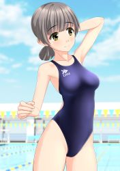 Rule 34 | 1girl, absurdres, aqua one-piece swimsuit, bench, blue sky, blue one-piece swimsuit, blurry, breasts, brown eyes, cloud, collarbone, competition swimsuit, cowboy shot, day, depth of field, grey hair, highres, looking to the side, low ponytail, medium breasts, one-piece swimsuit, original, outdoors, painttool sai (medium), pool, poolside, short hair, short ponytail, sky, solo, string of flags, swimsuit, takafumi