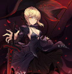 Rule 34 | 1girl, artoria pendragon (all), artoria pendragon (fate), banner, black dress, blonde hair, blurry, breasts, cleavage, closed mouth, collarbone, dduck kong, depth of field, dress, excalibur morgan (fate), fate/grand order, fate (series), halter dress, halterneck, highres, holding, juliet sleeves, layered dress, long sleeves, looking at viewer, medium breasts, motion blur, outstretched arm, outstretched arms, puffy sleeves, saber alter, serious, short hair, sidelocks, signature, solo, tsurime, v-shaped eyebrows, yellow eyes