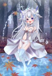 Rule 34 | ahoge, autumn, autumn leaves, barefoot, covered erect nipples, covered pussy, dress, elbow gloves, feathers, forest, gloves, hair ornament, hair ribbon, hanasaka (9769z), heterochromia, highres, indie virtual youtuber, long hair, looking at viewer, mikazuki silvi, nature, navel, open mouth, owl ears, owl girl, rain, ribbon, virtual youtuber, wet, wet clothes, white dress, white gloves, white hair