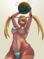 Rule 34 | 1990s (style), 1girl, :d, ?, arm up, armpits, arms up, ball, beachball, bikini, blanka, blonde hair, blue eyes, breasts, capcom, covered erect nipples, cowboy shot, curvy, fangs, highres, hip focus, large breasts, long hair, looking at viewer, no mask, one-piece tan, open mouth, rainbow mika, retro artstyle, sethxzoe, shiny skin, simple background, skindentation, smile, solo, street fighter, street fighter zero (series), string bikini, sweatdrop, swimsuit, tan, tanline, toned, twintails, underboob, wide hips, yellow background