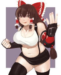 Rule 34 | 1girl, black gloves, black skirt, black thighhighs, bow, breasts, brown eyes, brown hair, cleavage, clenched hand, closed mouth, commentary request, cookie (touhou), cosplay, cowboy shot, crop top, elbow gloves, final fantasy, final fantasy vii, final fantasy vii remake, fingerless gloves, frilled bow, frills, gloves, hair bow, hakurei reimu, kanna (cookie), large breasts, long hair, looking at viewer, midriff, mo-fu, navel, parody, plump, purple background, red bow, sidelocks, skirt, smile, solo, style parody, suspender skirt, suspenders, tank top, thighhighs, tifa lockhart, tifa lockhart (cosplay), touhou, two-tone background, white background, white tank top