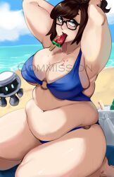 Rule 34 | 1girl, absurdres, armpits, arms up, beach, bikini, breasts, brown eyes, brown hair, cooler, fat, food, food in mouth, glasses, highres, large breasts, mei (overwatch), overwatch, plump, popsicle, popsicle in mouth, puzzled artist (name), short hair, snowball (overwatch), swimsuit, thick thighs, thighs