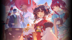 Rule 34 | 1boy, 3girls, ahoge, animal ears, beard, black hair, blonde hair, blue eyes, blue kimono, blue necktie, blush, breasts, brown hair, cat ears, cat tail, cherry blossoms, closed mouth, collared shirt, commentary, day, facial hair, flower, food, fujimoto kirara, fur-trimmed kimono, fur trim, glasses, hair flower, hair ornament, hand on headwear, hat, highres, holding, holding food, ichihime, index finger raised, japanese clothes, joseph (mahjong soul), kimono, kujou riu, long hair, long sleeves, looking at viewer, mahjong, mahjong soul, mahjong tile, multiple girls, necktie, obi, official art, oil-paper umbrella, one eye closed, open mouth, orange eyes, outdoors, palms together, pink flower, ponytail, purple hair, red eyes, red kimono, red rope, rope, sash, shirt, short hair, shrine, skewer, small breasts, smile, sunlight, swept bangs, tail, umbrella, vhumiku, white hair, white shirt, wide sleeves, yostar