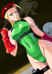 Rule 34 | 1girl, ahoge, antenna hair, beret, braid, cammy white, clenched hand, dutch angle, fingerless gloves, full moon, gloves, green leotard, harness, hat, highleg, highleg leotard, highres, huge ahoge, leotard, lips, moon, red hat, scar, solo, standing, strap, street fighter, street fighter v, tataizou, twin braids
