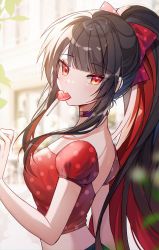 Rule 34 | 1girl, black hair, blurry, blurry background, bow, breasts, candy, choker, closed mouth, commentary request, depth of field, food, food in mouth, hair bow, heart, heart-shaped lollipop, highres, lollipop, long hair, looking at viewer, looking to the side, medium breasts, mouth hold, multicolored hair, original, polka dot, polka dot bow, polka dot shirt, ponytail, puffy short sleeves, puffy sleeves, red bow, red choker, red eyes, red hair, red shirt, seno (senohime), shaped lollipop, shirt, short sleeves, solo, two-tone hair, upper body, very long hair