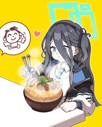 Rule 34 | 1boy, 1girl, aris (blue archive), bib, black hair, blue archive, blue eyes, blue necktie, bowl, chopsticks, closed mouth, coat, collared shirt, commentary request, cropped torso, doodle sensei (blue archive), eating, food, hair between eyes, hairband, halo, heart, highres, holding, holding chopsticks, long hair, long hair between eyes, long sleeves, necktie, open clothes, open coat, sensei (blue archive), shirt, side ponytail, simple background, solo focus, spoken character, steam, table, uni gyoza, upper body, white shirt, yellow background