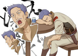 Rule 34 | 1boy, bad id, bad pixiv id, blue hair, can, clenched hand, closed eyes, drunk, emma (transformersera), facial hair, grey eyes, kan yu, leaning on table, looking ahead, looking up, male focus, military, military uniform, multiple views, mustache, open hand, open mouth, soukou kihei votoms, uniform, white background