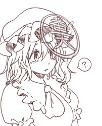 Rule 34 | 1girl, ?, ascot, blush, flandre scarlet, greyscale, hair between eyes, hat, miyo (ranthath), mob cap, monochrome, puffy short sleeves, puffy sleeves, short sleeves, simple background, solo, spoken question mark, touhou, upper body, white background