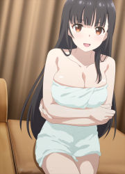 Rule 34 | 1girl, absurdres, arms under breasts, bare shoulders, black hair, blunt bangs, blush, breasts, brown eyes, cleavage, collarbone, highres, irido yume, large breasts, long hair, looking at viewer, mamahaha no tsurego ga moto kano datta, naked towel, screencap, sitting, stitched, thighs, third-party edit, towel