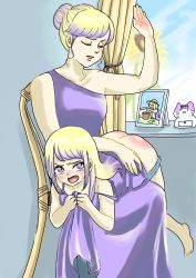 Rule 34 | 2girls, ass, blonde hair, highres, mother and daughter, multiple girls, punishment, spanking
