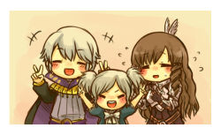 Rule 34 | 1boy, 2girls, artist request, blush, brown hair, chibi, cynthia (fire emblem), closed eyes, family, father and daughter, fire emblem, fire emblem awakening, henry (fire emblem), husband and wife, mother and daughter, multiple girls, nintendo, silver hair, sumia (fire emblem), twintails