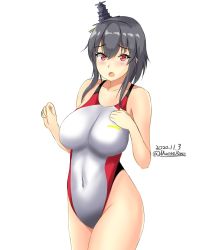 Rule 34 | 1girl, artist name, black hair, black one-piece swimsuit, breasts, collarbone, competition swimsuit, covered navel, cowboy shot, dated, hair between eyes, hair ornament, hand on own chest, headgear, highres, kantai collection, large breasts, looking at viewer, medium hair, montemasa, multicolored clothes, multicolored swimsuit, one-hour drawing challenge, one-piece swimsuit, open mouth, red eyes, red one-piece swimsuit, short hair with long locks, signature, simple background, solo, swimsuit, white background, white one-piece swimsuit, yamashiro (kancolle)