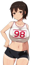 Rule 34 | 1girl, adjusting clothes, adjusting shorts, black shorts, blush, breasts, brown eyes, brown hair, closed mouth, clothes writing, collarbone, cowboy shot, gym shorts, highres, large breasts, looking at viewer, midriff, navel, nt00, original, parted lips, short hair, short shorts, shorts, simple background, solo, sports bra, sweat, tan, tanline, track and field, white background