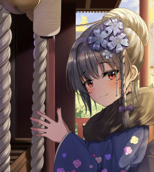 Rule 34 | 1girl, absurdres, black scarf, blue archive, blurry, braid, commentary request, depth of field, floral print kimono, flower, from side, fur scarf, gekhuay, grey hair, hair between eyes, hair bun, hair flower, hair ornament, halo, haruna (blue archive), haruna (new year) (blue archive), head tilt, highres, japanese clothes, kimono, long hair, long sleeves, looking at viewer, looking to the side, official alternate costume, official alternate hairstyle, outdoors, praying, red eyes, rope, scarf, shimenawa, shrine, sidelocks, single braid, single hair bun, smile, solo, wide sleeves