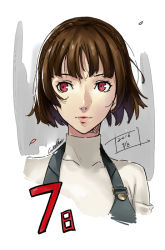 Rule 34 | 1girl, 2016, braid, brown hair, closed mouth, cropped torso, crown braid, dated, niijima makoto, official style, persona, persona 5, red eyes, short hair, signature, sketch, solo, sweater, turtleneck, turtleneck sweater, werkbau, white sweater