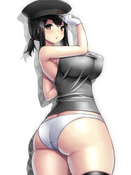 Rule 34 | 10s, 1girl, :o, adjusting clothes, adjusting headwear, akitsu maru (kancolle), alternate costume, armpits, ass, bare shoulders, black hair, black hat, black thighhighs, blush, breasts, brown eyes, covered erect nipples, cowboy shot, curvy, flat ass, gloves, hat, huge breasts, kantai collection, looking at viewer, looking back, low ponytail, panties, parted lips, peaked cap, remodel (kantai collection), sideboob, sidelocks, sleeveless, solo, tank top, taut clothes, thick thighs, thighhighs, thighs, tsukumiya amane, twisted torso, underwear, white gloves, white panties, wide hips