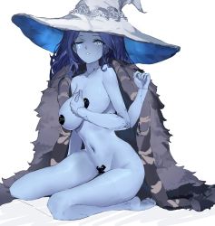 Rule 34 | 1girl, absurdres, alternate breast size, bad id, bad pixiv id, barefoot, blue eyes, blue hair, blue skin, breasts, cloak, collarbone, colored skin, commentary request, cracked skin, elden ring, extra arms, fur cloak, hat, highres, medium breasts, nude, one eye closed, pasties, ranni the witch, ritalem, short hair, simple background, sitting, soles, solo, toes, wariza, white background, white hat, witch hat
