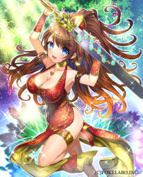 Rule 34 | 1girl, armpits, arms up, bare shoulders, blue eyes, breasts, brown hair, china dress, chinese clothes, cleavage, collar, company name, dress, eyebrows, floral print, fuji minako, high heels, holding, holding weapon, jewelry, large breasts, leaf, leg up, long hair, looking at viewer, official art, open mouth, pendant, ponytail, solo, sparkle, sword, unmei no clan battle, weapon
