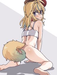 Rule 34 | 1other, androgynous, animal ears, ass, barefoot, blonde hair, blue hair, bottomless, bra, dog ears, dog tail, embarrassed, from behind, highres, indie virtual youtuber, looking back, multicolored hair, purple eyes, shadow, shitagai nora, solo, squatting, streaked hair, tail, tail censor, tamaya, tearing up, underwear, virtual youtuber, wavy mouth