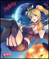 Rule 34 | 10s, 1girl, :d, ajishio, ayase eli, bat wings, black skirt, black thighhighs, blonde hair, blue eyes, breasts, bustier, candy, corset, crescent, detached collar, detached sleeves, floating, food, full moon, garter straps, gloves, groin, halloween, happy birthday, hat, hat ribbon, high ponytail, jack-o&#039;-lantern, lace trim, large breasts, lollipop, long hair, love live!, love live! school idol festival, love live! school idol project, midriff, miniskirt, moon, night, night sky, open mouth, ponytail, puffy short sleeves, puffy sleeves, pumpkin, ribbon, scrunchie, short sleeves, sideboob, skirt, sky, smile, solo, sweats, thighhighs, wings, witch hat, wrist cuffs