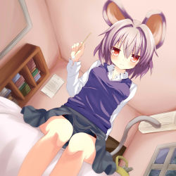 Rule 34 | 1girl, absurdres, animal ears, basket, book, bookshelf, breasts, dutch angle, greatmosu, highres, looking at viewer, mimikaki, mouse (animal), mouse ears, mouse tail, nazrin, on bed, red eyes, silver hair, sitting, skirt, smile, solo, tail, touhou
