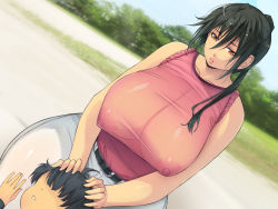 Rule 34 | 1girl, black hair, blush, breasts, cloud, covered erect nipples, day, from above, grass, hair between eyes, hands on another&#039;s head, high ponytail, huge breasts, legs, looking at another, looking down, lying, lying on lap, nipples, no bra, no eyes, one side up, orange eyes, original, outdoors, parted lips, see-through, sitting, sky, sleeveless, thighs, yoko juusuke