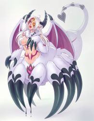 Rule 34 | 1girl, animal ears, animal hands, arachne, arthropod girl, breasts, claws, commentary, demon horns, demon tail, demon wings, english commentary, full-body tattoo, full body, fur collar, fusion, horns, insect girl, large breasts, lilim (monster girl encyclopedia), long hair, looking at viewer, monster girl, monster girl encyclopedia, navel, neck fur, ofuda, one eye covered, open mouth, red eyes, second-party source, sienna artwork, simple background, solo, spider girl, stomach, tail, tattoo, taur, ushi-oni (monster girl encyclopedia), white background, white fur, white hair, wings