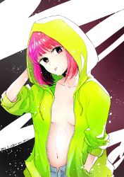 Rule 34 | 1girl, absurdres, arima kana, belly, blush, breasts, colored skin, dated, denim, green sweater, hand in pocket, head tilt, highres, hood, jacket, jeans, navel, open clothes, open jacket, oshi no ko, pants, red eyes, red hair, signature, sweater, tongue, tongue out, white skin, yurigera 8959