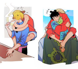 Rule 34 | 3boys, ^ ^, ^o^, absurdres, apron, black hair, blonde hair, cheek pinching, clenched teeth, closed eyes, closed eyes, green hair, grin, highres, hug, japanese clothes, male focus, monkey d. luffy, multiple boys, one piece, oratoza, pinching, roronoa zoro, sanji (one piece), sleeves rolled up, smile, smoking, teeth, topknot