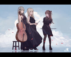 Rule 34 | 3girls, alternate costume, alternate hairstyle, bare shoulders, black bow, black dress, black footwear, black legwear, black shirt, black skirt, blonde hair, bow, brown eyes, brown hair, cello, cloud, cloudy sky, commentary request, concert, double bass, dress, flats, flower, flute, girls&#039; frontline, green eyes, green hair, hair bow, high heels, highres, holding, holding instrument, instrument, letterboxed, long hair, looking at viewer, multiple girls, official alternate costume, one side up, original, pantyhose, parted lips, petals, piccolo (instrument), reflective floor, shen (1542046839), shirt, short sleeves, sidelocks, skirt, sky, sleeveless, sleeveless dress, smile, spider lily, stool, toeless legwear, transverse flute, ump40 (girls&#039; frontline), ump45 (girls&#039; frontline), ump9 (girls&#039; frontline), yellow eyes