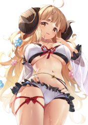 Rule 34 | 1girl, ahoge, anila (granblue fantasy), anila (summer) (granblue fantasy), arm behind back, bikini, blonde hair, bow, bow bikini, breasts, chiro (norishiro michiro), commentary request, curled horns, draph, frilled bikini, frills, front-tie bikini top, front-tie top, granblue fantasy, hand up, highres, horns, large breasts, long hair, looking at viewer, open mouth, red ribbon, ribbon, ribbon-trimmed bikini, sheep horns, short eyebrows, simple background, solo, standing, swimsuit, thick eyebrows, white background, white bikini, yellow eyes