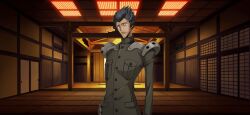 Rule 34 | 1boy, architecture, arm at side, armor, artist request, blue hair, breast pocket, buttons, closed mouth, code geass, code geass: lost stories, east asian architecture, fusuma, game cg, green jacket, grey eyes, hand on own hip, highres, indoors, jacket, long sleeves, looking at viewer, male focus, military uniform, non-web source, official art, pocket, short hair, shouji, shoulder armor, sliding doors, solo, spiked hair, standing, uniform, upper body, urabe kousetsu