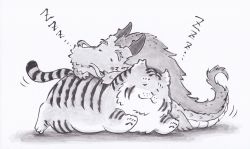 Rule 34 | :3, animal focus, closed mouth, commentary request, dragon, dragon horns, eastern dragon, closed eyes, hiraoka senitsu, horns, lying, monochrome, mythological creature, no humans, on stomach, original, sleeping, striped, tiger, zzz