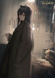 Rule 34 | 1girl, absurdres, animal ears, arknights, bandaid, bandaid on face, bandaid on nose, black hair, brown coat, brown eyes, building, chinese commentary, cigarette, cjmy, closed mouth, coat, commentary request, dated, debris, english text, hair between eyes, hair over shoulder, hand in pocket, highres, holding, holding cigarette, lamppost, light, lips, long hair, long sleeves, looking back, new york city, outdoors, road, shadow, solo, street, texas (arknights)