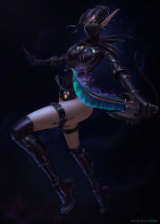 Rule 34 | 1girl, absurdres, armor, armored boots, black hair, blood elf, boots, breasts, fanfoxy, female focus, full body, green eyes, highres, holding, holding weapon, knee boots, kunai, mask, mask on head, medium breasts, medium hair, mouth mask, pointy ears, rogue, simple background, solo, thigh strap, warcraft, weapon, world of warcraft