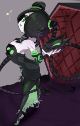 Rule 34 | 1girl, absurdres, alternate color, black hair, coffin, detached collar, detached sleeves, dress, green eyes, hair over one eye, highres, leviathan (skullgirls), musical note, see-through, see-through dress, side ponytail, skullgirls, solo, squigly (skullgirls), stitched mouth, stitches, striped sleeves, tiptoes