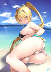 Rule 34 | 1girl, alternate costume, ass, beach, bikini, blonde hair, blush, breasts, cameltoe, cleft of venus, closed mouth, cloud, daive, day, earrings, feet out of frame, highres, jewelry, large breasts, long hair, looking at viewer, lying, mythra (xenoblade), ocean, on side, ponytail, sand, sideboob, signature, skindentation, sky, smile, solo, strap gap, sunlight, swimsuit, thigh strap, tiara, very long hair, water, xenoblade chronicles (series), xenoblade chronicles 2, yellow eyes