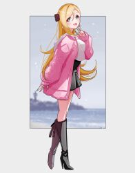 Rule 34 | 1girl, :d, black bow, black footwear, black skirt, blonde hair, blush, boots, bow, coat, floating hair, fujimoto rina, full body, green eyes, hair between eyes, hair bow, high-waist skirt, high heel boots, high heels, hood, hood down, hooded sweater, ich., idolmaster, idolmaster cinderella girls, knee boots, long hair, long sleeves, miniskirt, nail polish, open clothes, open coat, open mouth, parted bangs, pink coat, pink nails, polka dot, polka dot bow, skirt, smile, solo, standing, sweater, very long hair, white sweater