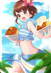 Rule 34 | 1girl, blue sarong, blue shirt, blurry, blush, bob cut, bowl, breasts, brown eyes, brown hair, cloud, commentary request, creatures (company), curry, day, eyelashes, flower, food, from side, game freak, gloria (pokemon), gloria (summer 2021) (pokemon), hair flower, hair ornament, haru (haruxxe), highres, holding, holding bowl, jewelry, leg up, looking to the side, necklace, nintendo, official alternate costume, open mouth, outdoors, pokemon, pokemon masters ex, sand, sarong, scrunchie, shirt, shore, short hair, sky, sleeveless, sleeveless shirt, solo, tongue, water, wrist scrunchie