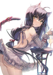 Rule 34 | 1girl, ahoge, animal ear fluff, animal ears, ass, back, backless dress, backless outfit, bare shoulders, bell, black hair, breasts, cat ears, cat girl, cat tail, closed mouth, cowboy shot, cup, dress, drinking glass, fang, fang out, from side, grey dress, hair between eyes, highres, jingle bell, large breasts, leaning forward, long hair, long sleeves, looking at viewer, looking to the side, original, red ribbon, ribbon, seozo, simple background, solo, tail, tail bell, tail ornament, tail raised, tail ribbon, twintails, very long hair, white background, yellow eyes