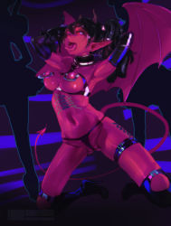 Rule 34 | 1=2, 1girl, black hair, boots, breast bondage, breasts, collar, colored skin, corset piercing, demon girl, elbow gloves, gloves, glowing, glowing eyes, high heel boots, high heels, horns, inverted nipples, kneeling, latex, latex gloves, long tongue, navel, nipple piercing, nipple rings, nipples, piercing, pointy ears, red eyes, red skin, demon girl, tail, thigh strap, tongue, tongue out, wings