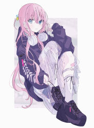 Rule 34 | 1girl, absurdres, bandaid, bandaid on leg, black footwear, black hoodie, blue eyes, blush, bocchi the rock!, closed mouth, clothes writing, commentary request, cross-laced footwear, cube hair ornament, dot nose, full body, gotoh hitori, hair behind ear, hair between eyes, hair ornament, hand in own hair, headphones, headphones around neck, highres, holding, holding string, hood, hood down, hoodie, inset border, long hair, long skirt, long sleeves, looking at viewer, o-ring strap, one side up, pink hair, platform footwear, puffy long sleeves, puffy sleeves, see-through, see-through skirt, shin strap, sidelocks, signature, sitting, skirt, socks, solo, string, sutera sea, thick eyelashes, very long hair, white headphones, white skirt, white socks, wireless headphones