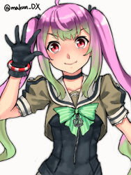 Rule 34 | 1girl, ahoge, anchor ornament, black gloves, bow, bowtie, bracelet, corset, fang, front zipper, gloves, gradient hair, green bow, green bowtie, green hair, grey sailor collar, highres, jewelry, kantai collection, long hair, looking at viewer, maakun (makun dx), momo (kancolle), multicolored hair, one-hour drawing challenge, pink hair, sailor collar, sailor shirt, school uniform, serafuku, shirt, simple background, skin fang, solo, twintails, twitter username, upper body, white background, zipper pull tab